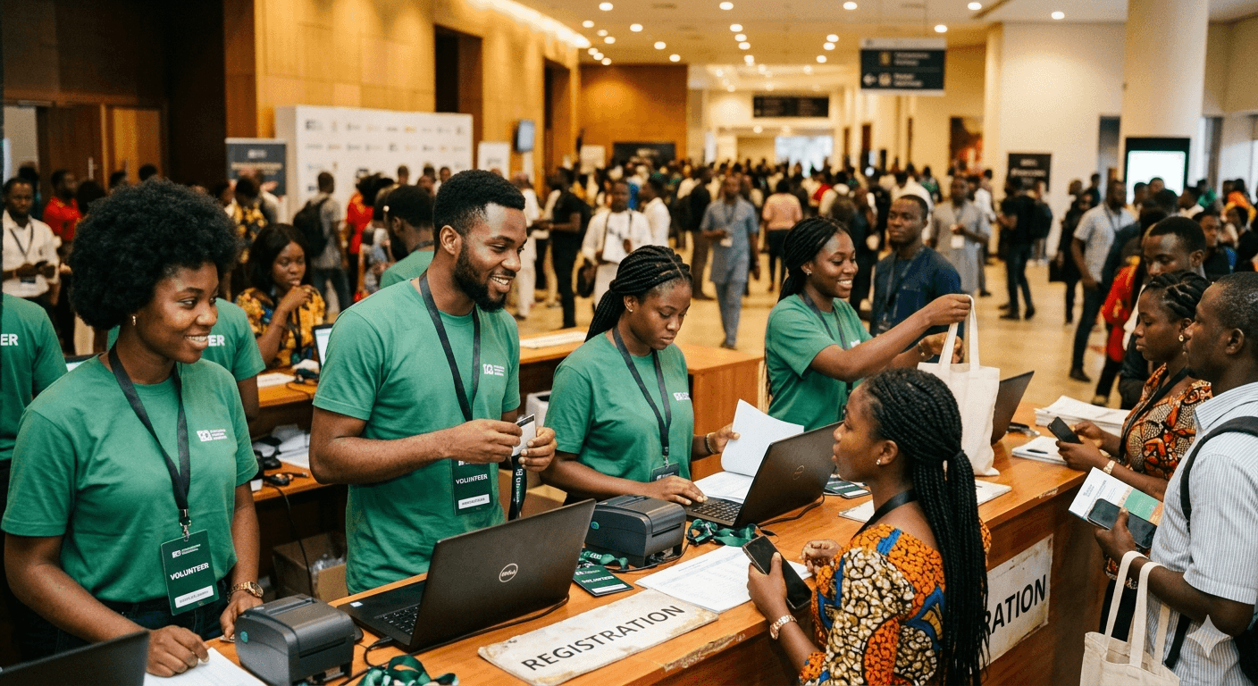 Volunteers coordinating at a community event registration desk